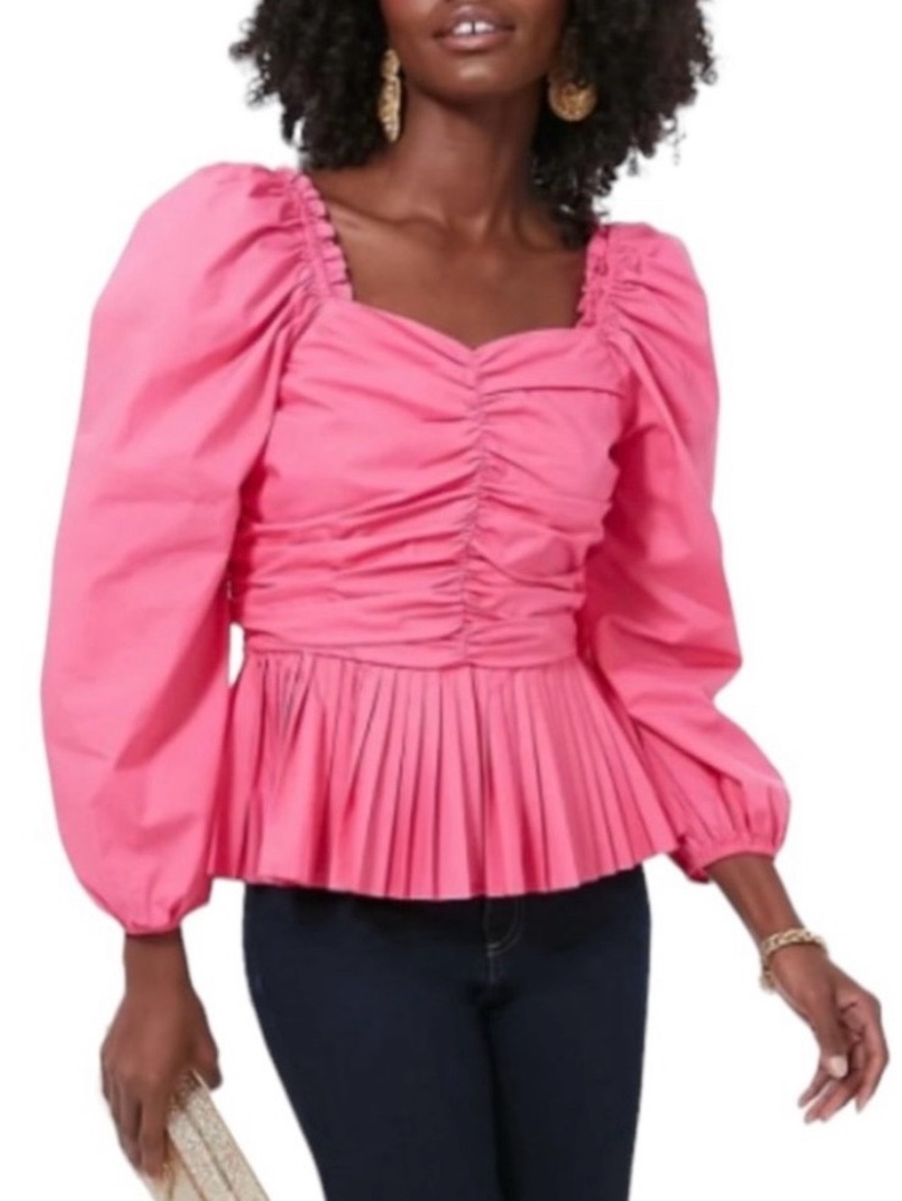 Hyacinth House Tuckernuck Pink Ruched Peplum Long-Sleeve Top